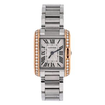 Cartier Tank Anglaise Quartz Watch Stainless Steel and Rose Gold with Diamond Bezel 23