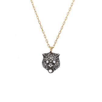 Gucci Le Marche Des Merveilles Feline Head Pendant Necklace 18K Yellow Gold and Sterling Silver with Diamonds and Pearl