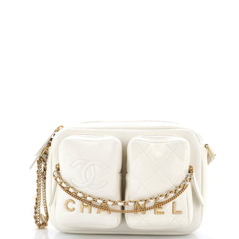 Chanel Logo Twin Pockets Chain Camera Case Quilted Calfskin Small