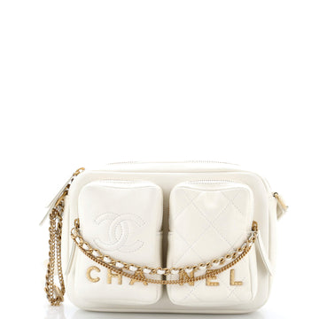 Chanel Logo Twin Pockets Chain Camera Case Quilted Calfskin Small