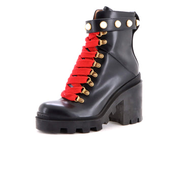 Gucci Women's Heeled Lace Up Combat Ankle Boots Leather with Faux Pearls