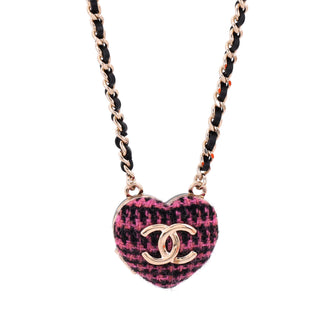 Chanel CC Heart Locket Pendant Necklace Metal with Tweed, Leather, and Resin