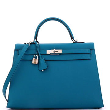 Hermes Kelly Handbag Blue Epsom with Palladium Hardware 35