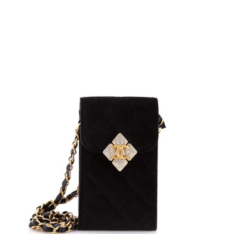 Chanel Diamond Lock CC Phone Holder with Chain Quilted Velvet with Crystals
