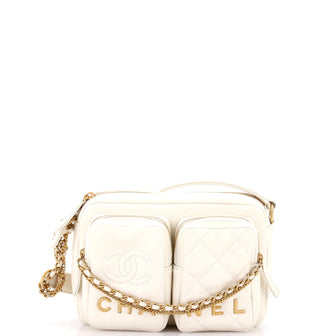 Chanel Logo Twin Pockets Chain Camera Case Quilted Calfskin Small