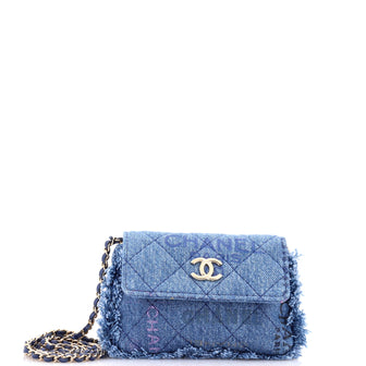 Chanel Denim Mood Flap Clutch with Chain Logo Printed Quilted Fringe Denim