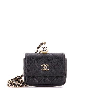 Chanel CC Pearl Coin Card Holder with Chain Quilted Caviar