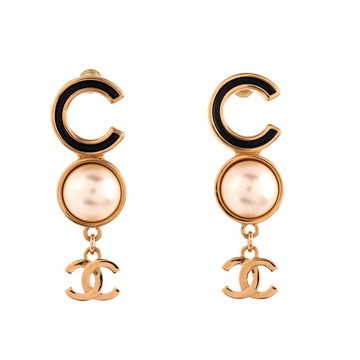 Chanel Coco CC Drop Earrings Metal with Faux Pearl and Enamel