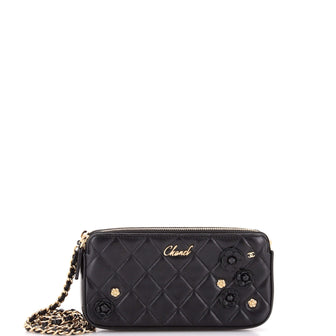 Chanel Camellia Charms Double Zip Clutch with Chain Quilted Lambskin
