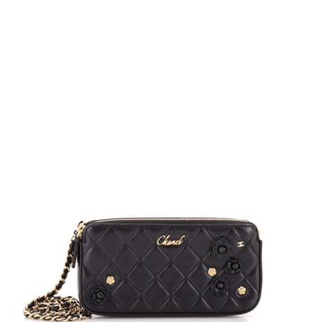 Chanel Camellia Charms Double Zip Clutch with Chain Quilted Lambskin