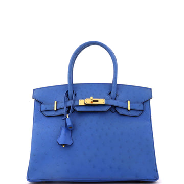 Hermes Birkin Handbag Blue Ostrich with Gold Hardware 30