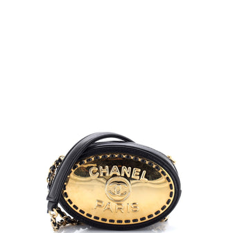 Chanel Logo Plate Oval Clutch With Chain Metal and Lambskin