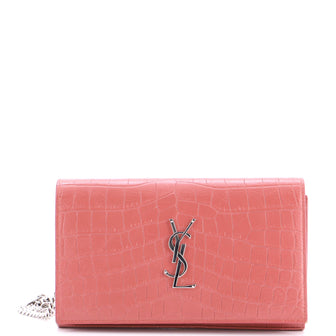 Saint Laurent Classic Monogram Wallet on Chain Crocodile Embossed Leather Small
