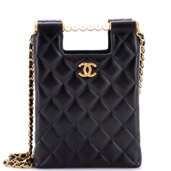 Chanel Chain Around Cut Out Handle Evening Tote Quilted Lambskin with Pearls Mini