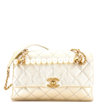 Chanel Chic Pearls Handle Flap Bag Quilted Shiny Lambskin Small