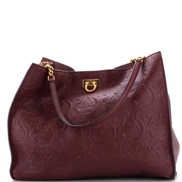 Salvatore Ferragamo Trifolio Tote Gancini Embossed Leather Large