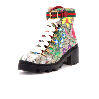 Gucci Women's Heeled Lace Up Combat Ankle Boots Flora GG Coated Canvas