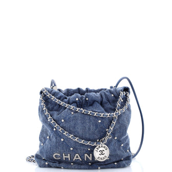Chanel 22 Chain Hobo Quilted Studded Denim Mini