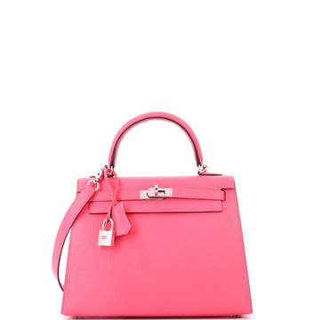 Hermes Kelly Handbag Pink Chevre Mysore with Palladium Hardware 25