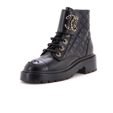 Chanel Women's Chain CC Cap Toe Lace Up Combat Boots Quilted Leather