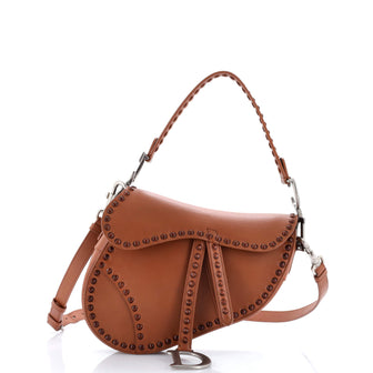 Christian Dior Saddle Handbag with Strap Studded Leather Medium