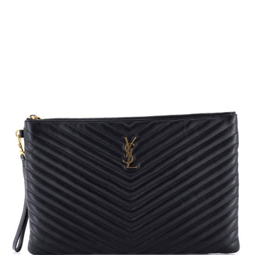 Saint Laurent Classic Monogram Wristlet Pouch Matelasse Chevron Leather Large