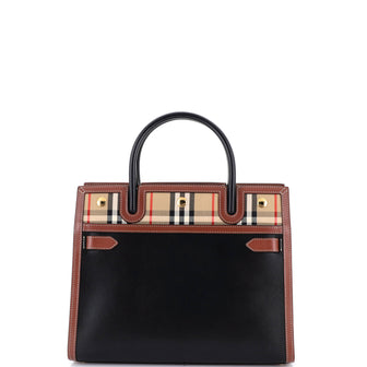 Burberry Title Two Handle Tote Leather with Vintage Check Canvas Small