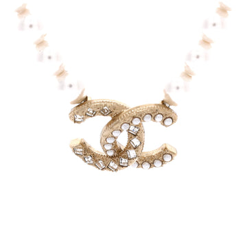 Chanel CC Pearl and Chain Pendant Necklace Metal with Crystals and Faux Pearls