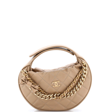 Chanel Double Chain Bow Hobo Pouch Quilted Caviar Mini