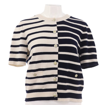 Chanel Women's Striped Cropped Sleeve Crewneck Cardigan Cashmere