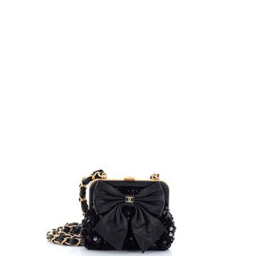 Chanel Bow Frame Clutch With Chain Sequin Embellished Tweed with Leather Mini