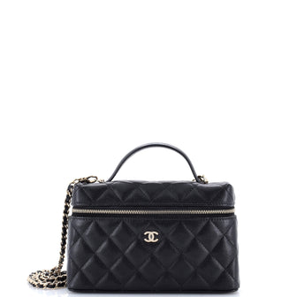 Chanel Classic Top Handle Slim Vanity Case with Chain Quilted Caviar Small