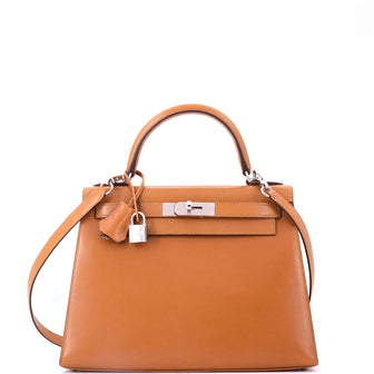 Hermes Kelly Handbag Brown Box Calf with Palladium Hardware 28