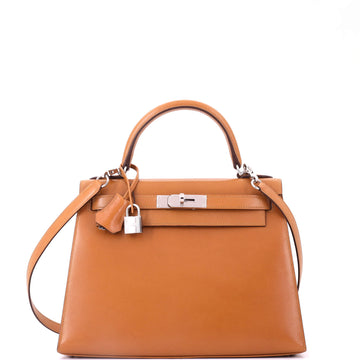 Hermes Kelly Handbag Brown Box Calf with Palladium Hardware 28