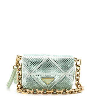 Prada Triangle Chain Flap Bag Crystal Embellished Quilted Satin