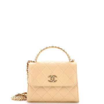 Chanel Logo and Pearl Top Handle Clutch with Chain Quilted Lambskin Small