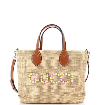 Gucci Logo Plaque Convertible Tote Raffia Small