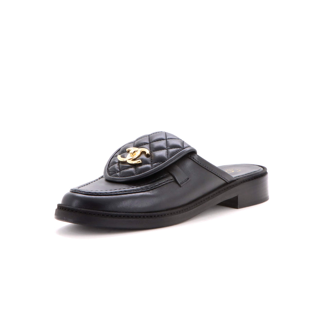 Chanel Women's CC Turnlock Flat Mules Quilted Leather Black 4127581