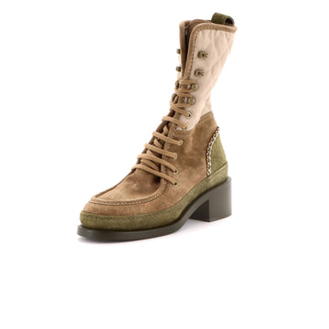 Chanel CC Chain Combat Boots Suede with Quilted Canvas and Corduroy