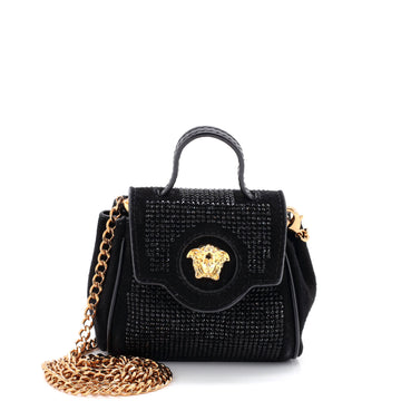 Versace La Medusa Top Handle Bag Crystal Embellished Suede Micro
