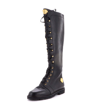 Versace Women's Vintage Medusa Knee High Combat Boots Leather
