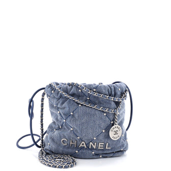 Chanel 22 Chain Hobo Quilted Studded Denim Mini