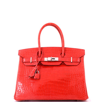 Hermes Birkin Handbag Pink Shiny Porosus Crocodile with Palladium Hardware 30