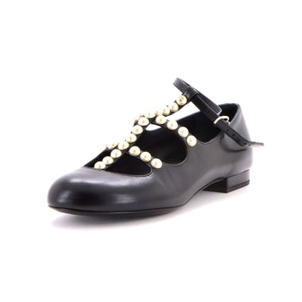 Chanel Women's Ankle Strap Mary Jane Flats Leather and Faux Pearls