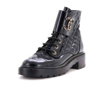 Chanel Women's Chain CC Cap Toe Lace Up Combat Boots Quilted Shiny Calfskin