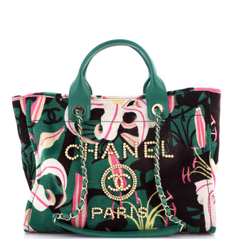 Chanel Deauville NM Tote Printed Velvet with Wooden Pearls Small
