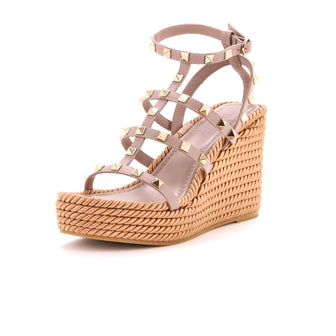 Valentino Garavani Women's Rockstud Caged Wedge Sandals Leather with Rope Detail