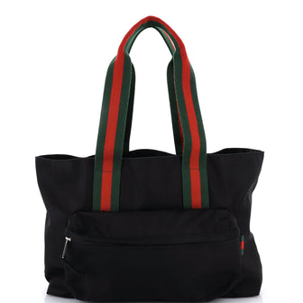 Gucci Logo Web Pocket Tote Embossed Nylon Large
