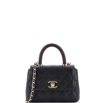 Chanel Coco Top Handle Bag Quilted Caviar with Lizard Embossed Handle Extra Mini