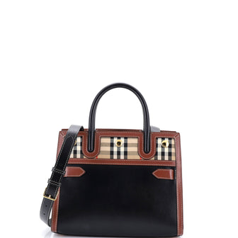 Burberry Title Two Handle Tote Leather with Vintage Check Canvas Mini